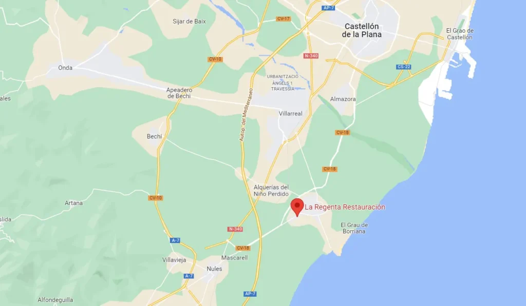 Mapa con la ubicación de La Regenta en Burriana (Castellón), cerca de Castellón de la Plana