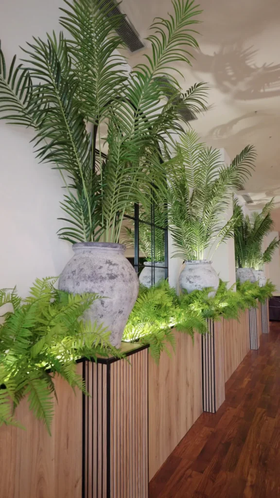 Jardineras de madera con palmeras y helechos en la decoración del salón