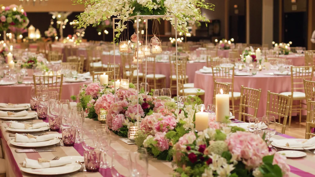 Mesa imperial con flores rosas y velas en el salón principal de La Regenta, en Burriana (Castellón)